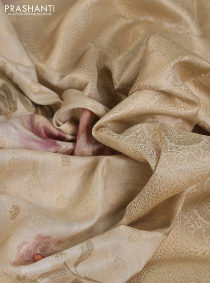 Chiniya silk saree beige with allover zari buttas & floral digital prints and woven border