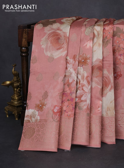 Chiniya silk saree dark peach with allover zari buttas & floral digital prints and woven border