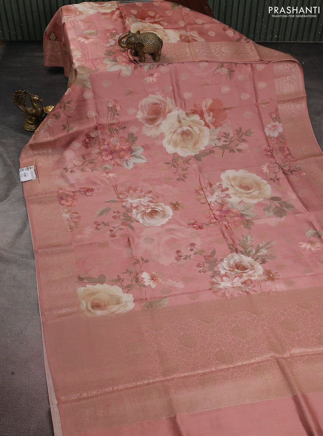 Chiniya silk saree dark peach with allover zari buttas & floral digital prints and woven border