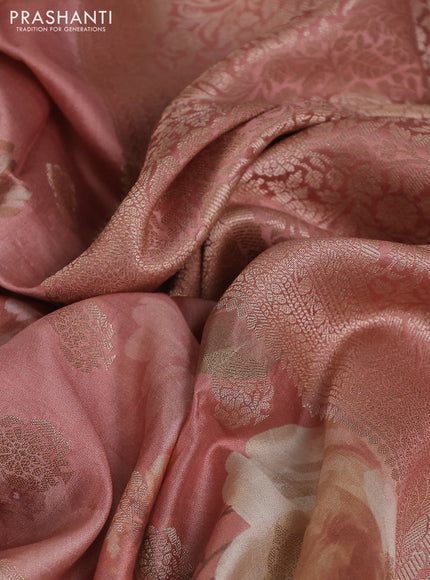 Chiniya silk saree dark peach with allover zari buttas & floral digital prints and woven border