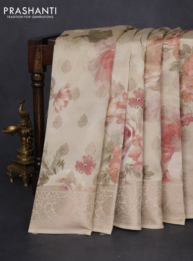 Chiniya silk saree beige with zari buttas & floral digital prints and woven border
