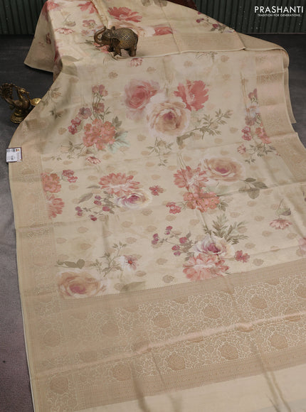 Chiniya silk saree beige with zari buttas & floral digital prints and woven border