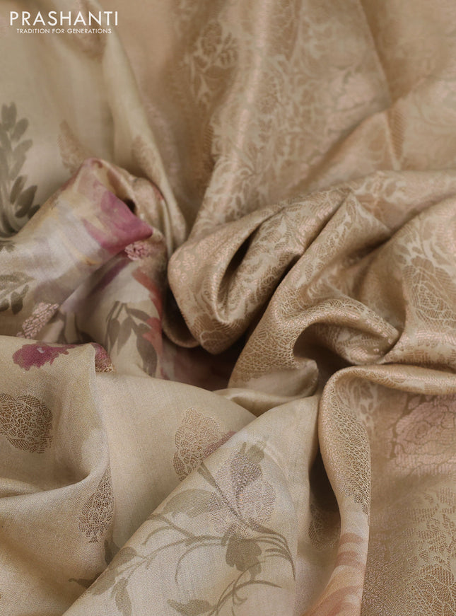 Chiniya silk saree beige with zari buttas & floral digital prints and woven border