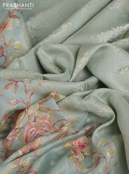 Chiniya silk saree pastel blue with allover zari buttas & floral digital prints and woven border