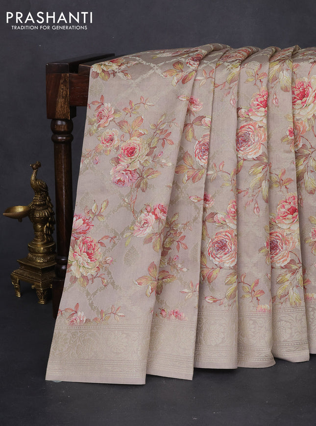 Chiniya silk saree beige with allover silver zari buttas & floral digital prints and zari woven border