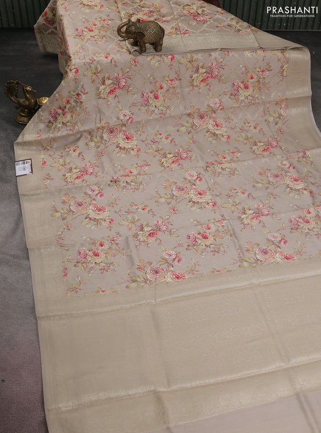 Chiniya silk saree beige with allover silver zari buttas & floral digital prints and zari woven border