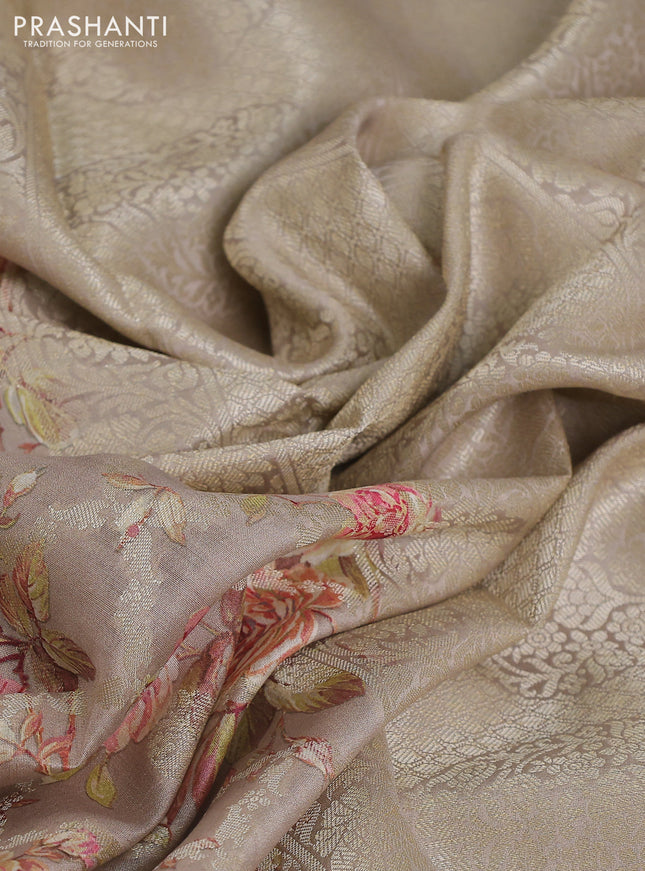 Chiniya silk saree beige with allover silver zari buttas & floral digital prints and zari woven border