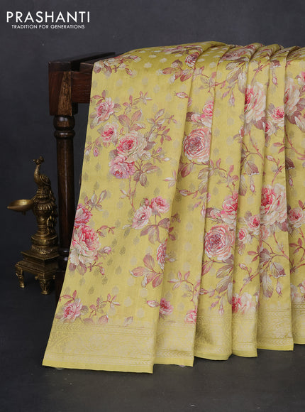 Chiniya silk saree lime yellow with allover silver zari buttas & floral digital prints and zari woven border