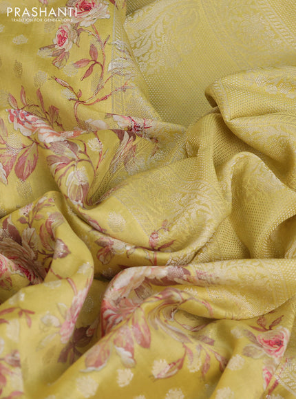 Chiniya silk saree lime yellow with allover silver zari buttas & floral digital prints and zari woven border
