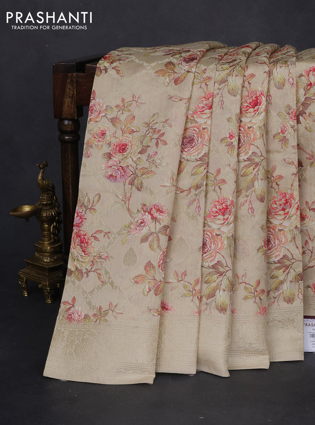 Chiniya silk saree cream with allover zari weaves & floral digital prints and woven border