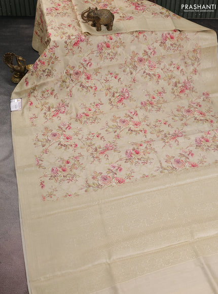 Chiniya silk saree cream with allover zari weaves & floral digital prints and woven border