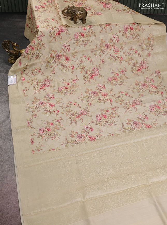Chiniya silk saree cream with allover zari weaves & floral digital prints and woven border