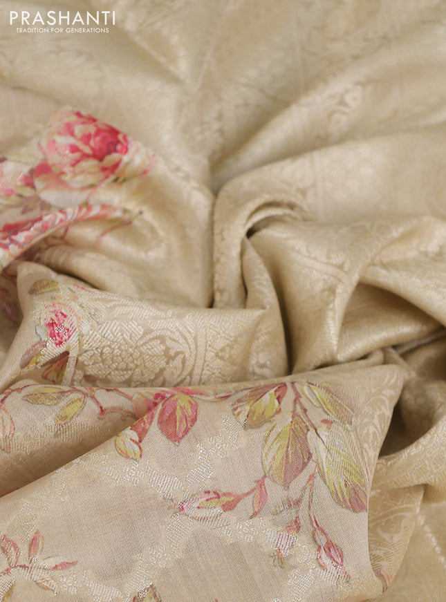 Chiniya silk saree cream with allover zari weaves & floral digital prints and woven border