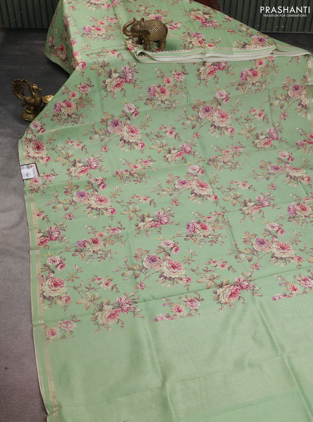 Chiniya silk saree teal green shade with allover floral digital prints and zari woven border