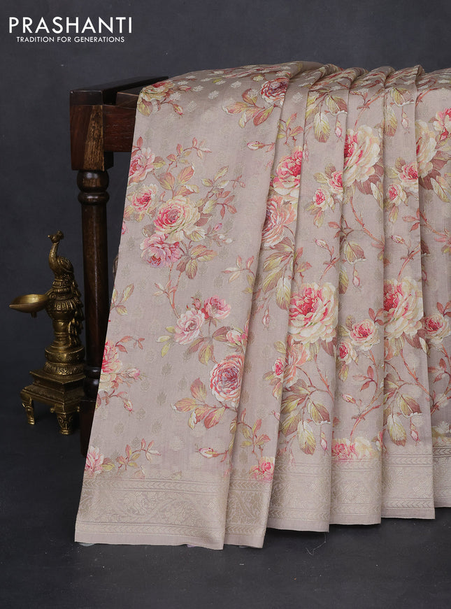 Chiniya silk saree pastel grey with allover zari buttas & floral digital prints and woven border