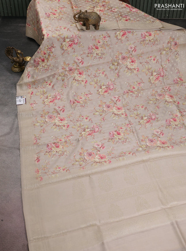 Chiniya silk saree pastel grey with allover zari buttas & floral digital prints and woven border