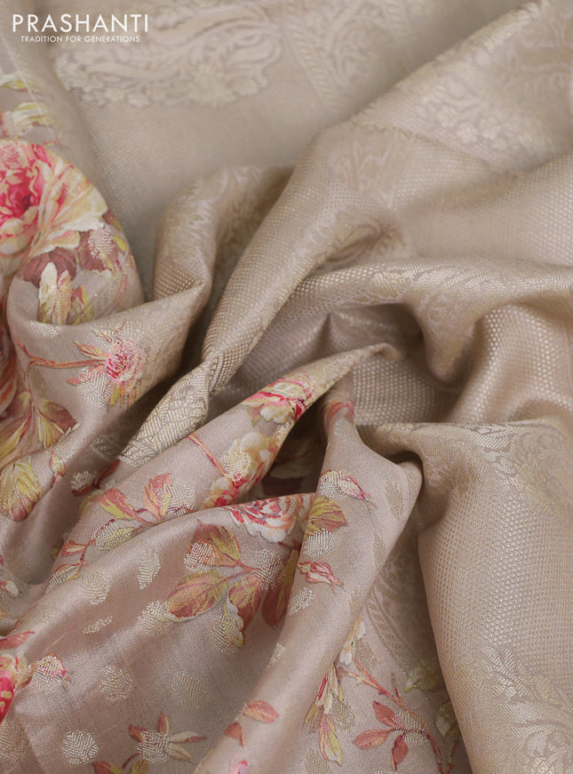 Chiniya silk saree pastel grey with allover zari buttas & floral digital prints and woven border