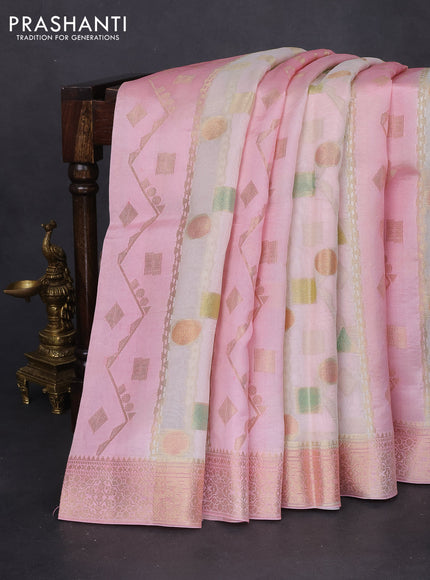 Chiniya silk saree mild peach pink and light pink with allover geometric zari weaves & digital prints and zari woven border