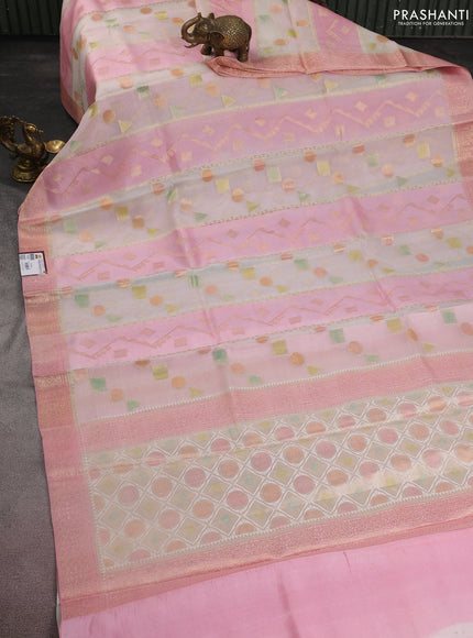 Chiniya silk saree mild peach pink and light pink with allover geometric zari weaves & digital prints and zari woven border