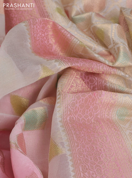 Chiniya silk saree mild peach pink and light pink with allover geometric zari weaves & digital prints and zari woven border