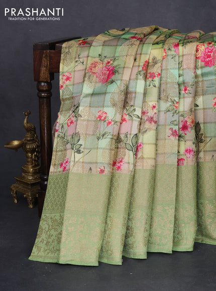 Chiniya silk saree muliti colour and green with allover floral digital prints & zari buttas and long zari woven border