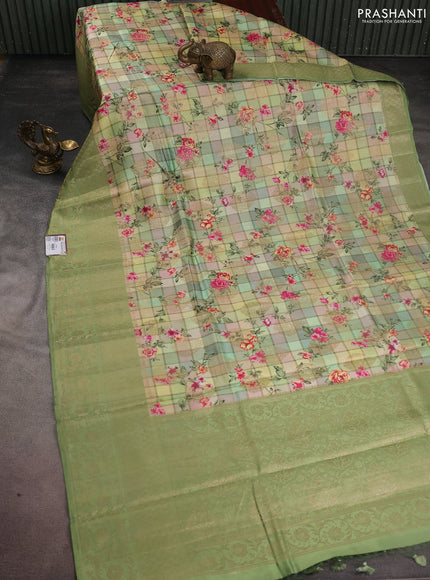 Chiniya silk saree muliti colour and green with allover floral digital prints & zari buttas and long zari woven border