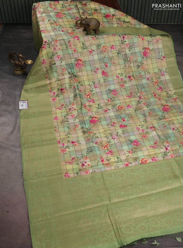 Chiniya silk saree muliti colour and green with allover floral digital prints & zari buttas and long zari woven border