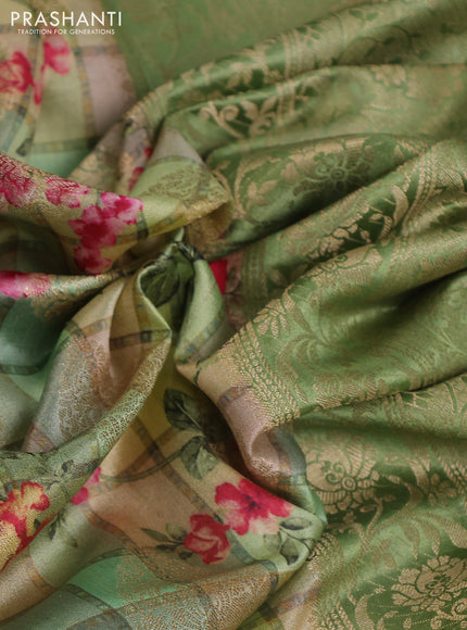 Chiniya silk saree muliti colour and green with allover floral digital prints & zari buttas and long zari woven border