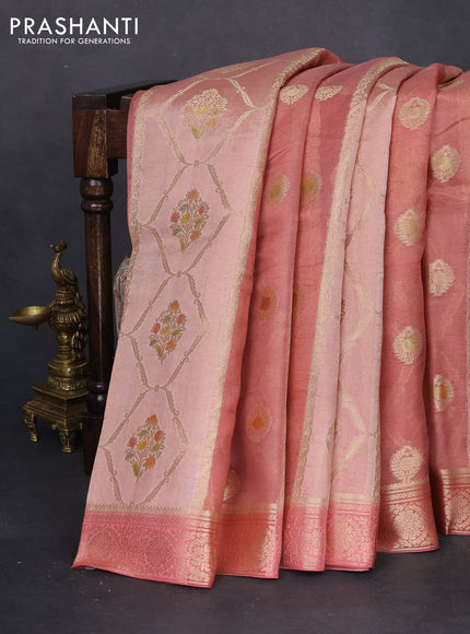 Chiniya silk saree pastel peach orange with allover zari weaves & digital prints and zari woven border