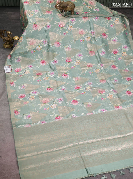 Chiniya silk saree pastel green with allover digital prints & geometric zari buttas and zari woven border