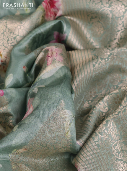 Chiniya silk saree pastel green with allover digital prints & geometric zari buttas and zari woven border