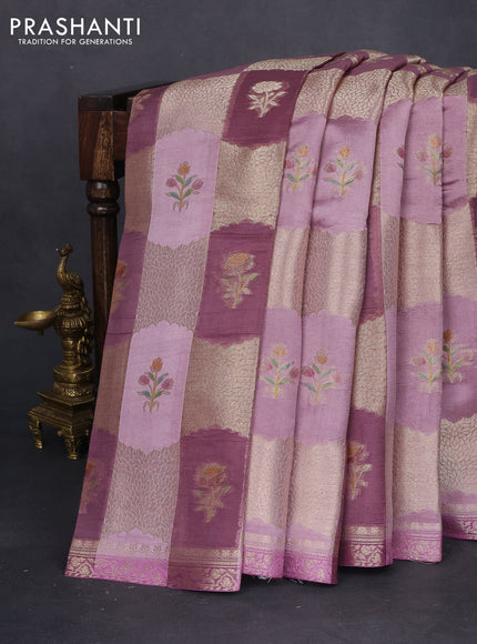 Chiniya silk saree pastel pink and mauve pink with allover zari weaves & floral digital prints and zari woven border
