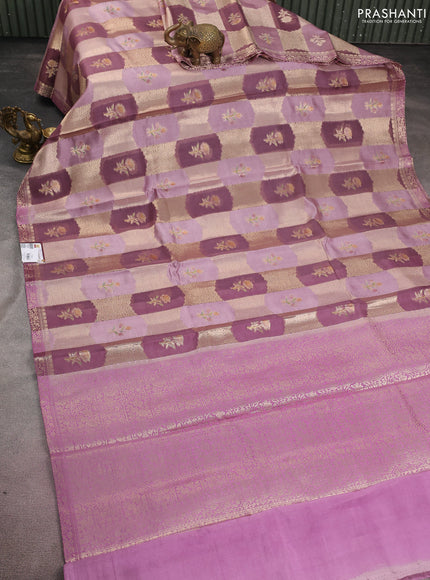 Chiniya silk saree pastel pink and mauve pink with allover zari weaves & floral digital prints and zari woven border