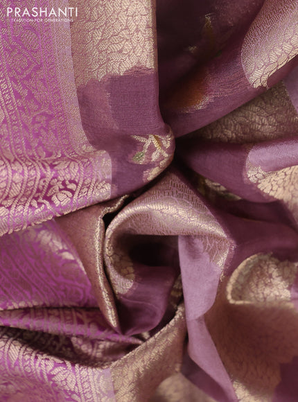 Chiniya silk saree pastel pink and mauve pink with allover zari weaves & floral digital prints and zari woven border