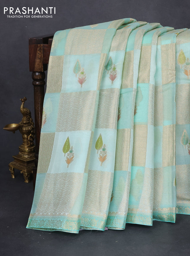 Chiniya silk saree teal green shade with allover geometric zari weaves & digital prints and zari woven border