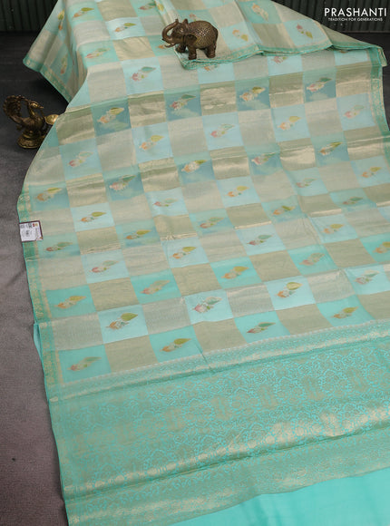 Chiniya silk saree teal green shade with allover geometric zari weaves & digital prints and zari woven border