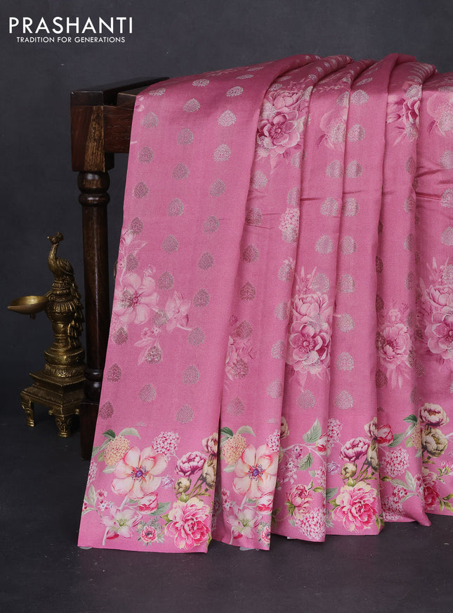 Chiniya silk saree pink with allover zari buttas & floral digital prints and floral digital printed border