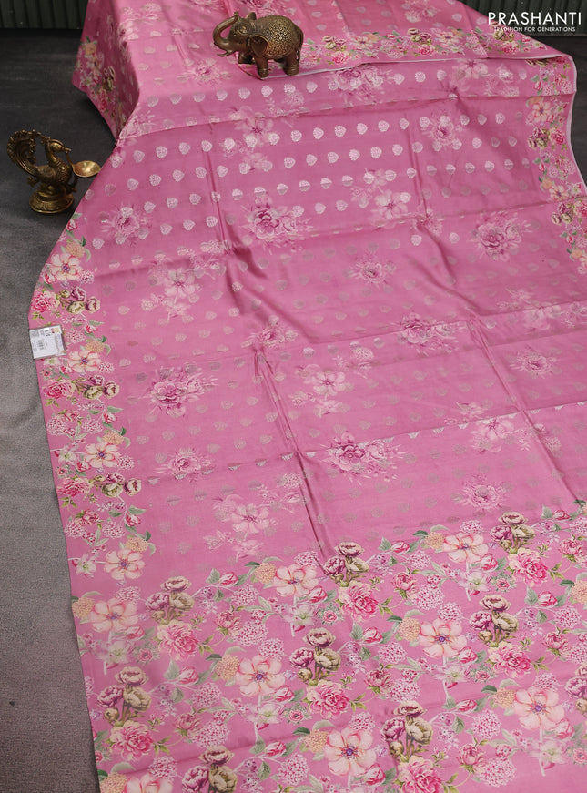 Chiniya silk saree pink with allover zari buttas & floral digital prints and floral digital printed border