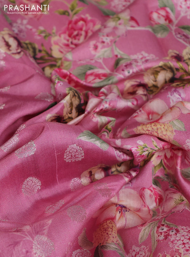 Chiniya silk saree pink with allover zari buttas & floral digital prints and floral digital printed border