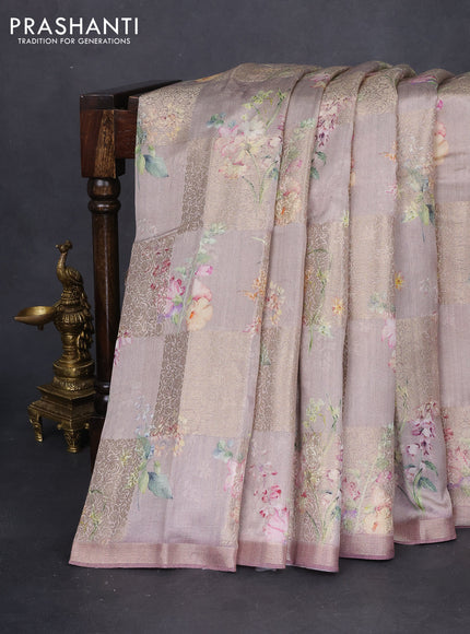 Chiniya silk saree pastel pink shade with allover zari weaves & floral digital prints and zari woven border