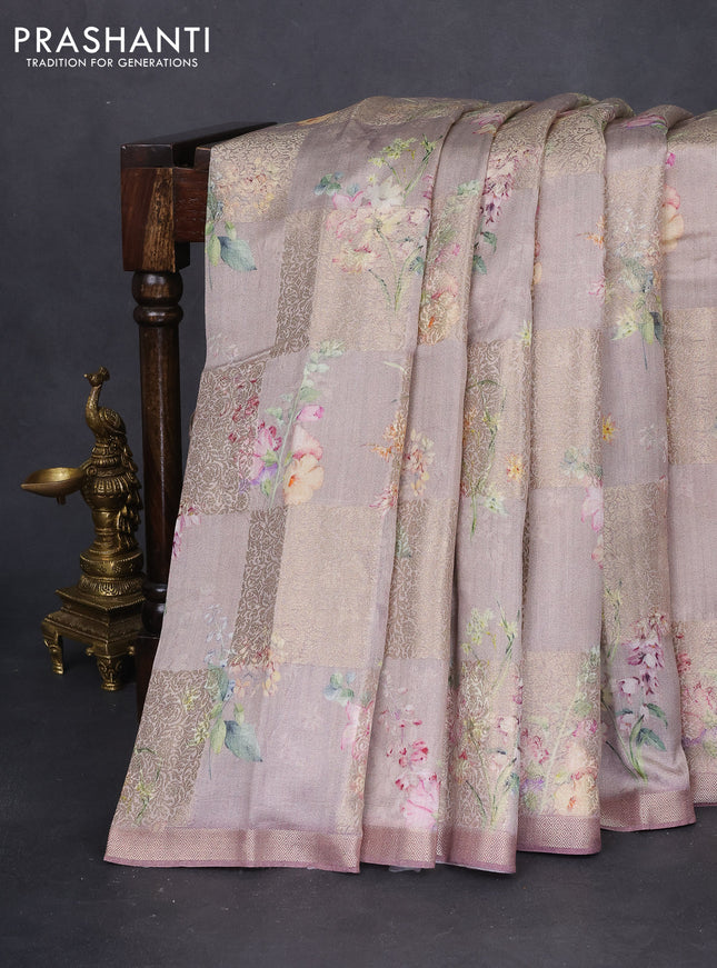 Chiniya silk saree pastel pink shade with allover zari weaves & floral digital prints and zari woven border
