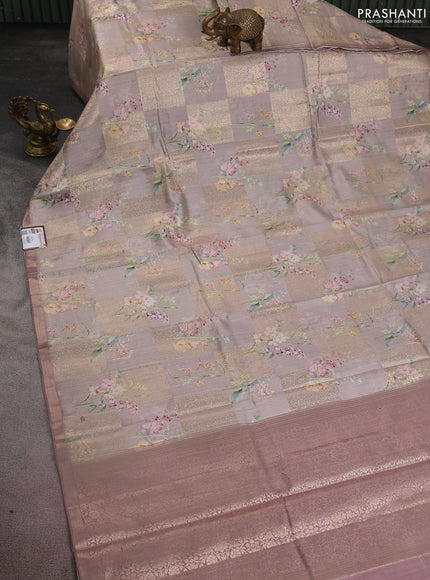 Chiniya silk saree pastel pink shade with allover zari weaves & floral digital prints and zari woven border