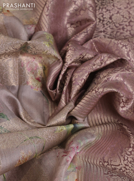 Chiniya silk saree pastel pink shade with allover zari weaves & floral digital prints and zari woven border