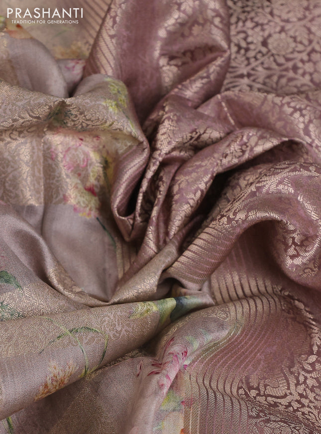 Chiniya silk saree pastel pink shade with allover zari weaves & floral digital prints and zari woven border