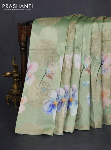 Chiniya silk saree pastel green with zari buttas & floral digital prints and woven border