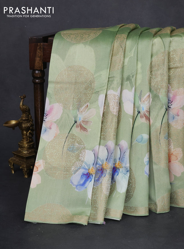 Chiniya silk saree pastel green with zari buttas & floral digital prints and woven border
