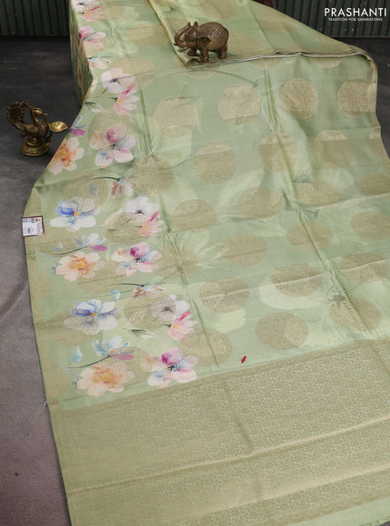 Chiniya silk saree pastel green with zari buttas & floral digital prints and woven border
