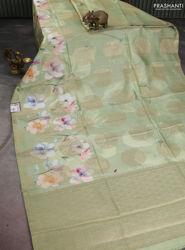 Chiniya silk saree pastel green with zari buttas & floral digital prints and woven border