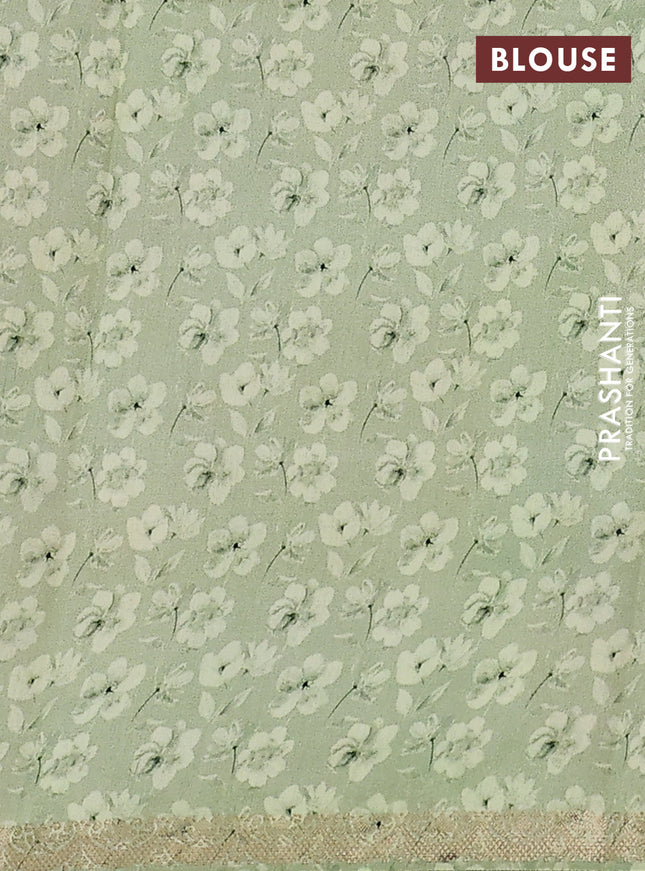 Chiniya silk saree pastel green with zari buttas & floral digital prints and woven border