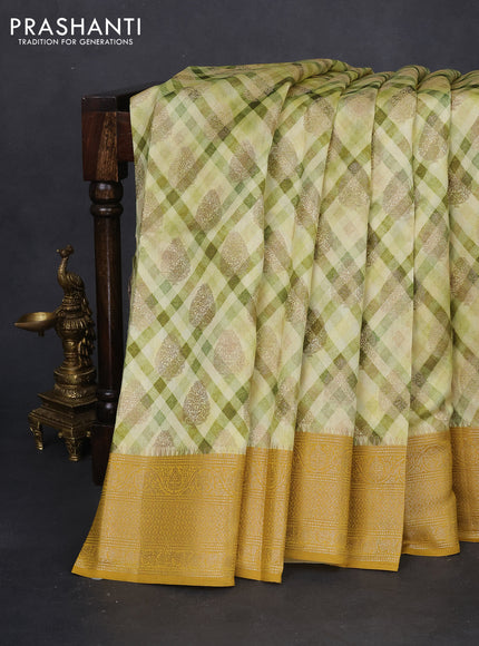 Chiniya silk saree cream green and mustard yellow with zari buttas & digital prints and woven border